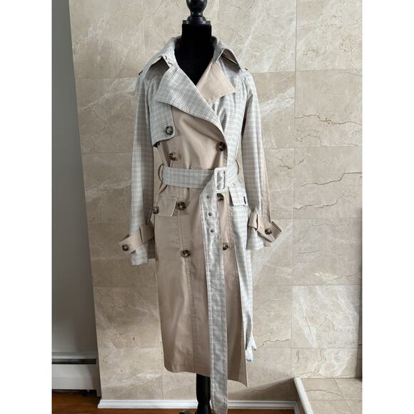 Avec Les Filles Plaid Trench Coat - XS - Tan & Blue Classic Preppy Fall Layering - Picture 4 of 10